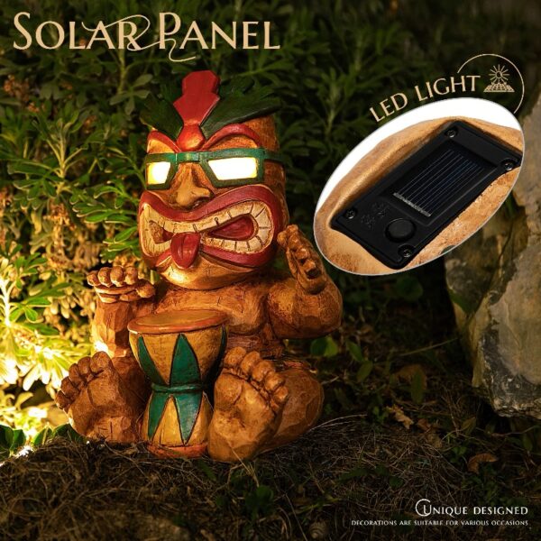 Solar Drumming Tiki Garden Statue: Tribal Tiki Ornament with Solar Powered Flickering Eyes LED Light - Outdoor Tiki Decoration Perfect for Bar Patio Backyard Balcony Yard Lawn Decor
