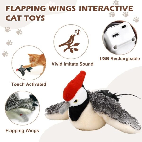 Risehigh Cat Toys for Indoor Cats Interactive Flapping Chirping Bird Kitten Toy Touch Activated Rechargeable Automatic with Catnip