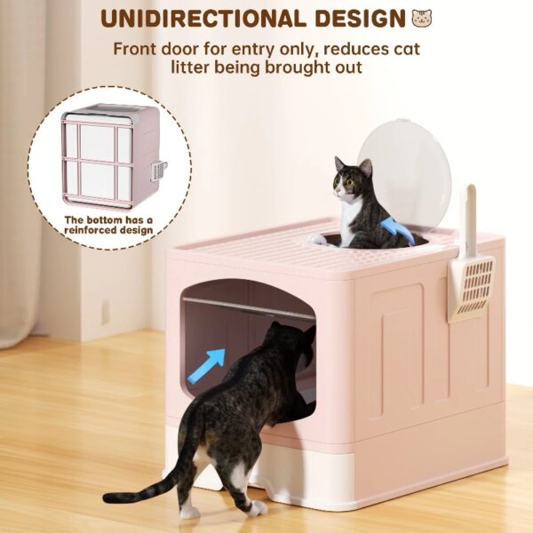 Extra Large Foldable Cat Litter Box with Litter Scoop, Front Entry Top Exit Cat Litter Pan with Lid, Enclosed Anti-Splashing Kitty Litter Box, Drawer Type Cat Litter Easy Cleaning and Scoop, Pink