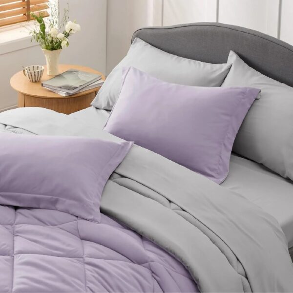 Light Purple Queen Comforter Set - 7 Pieces Reversible Queen Bed in a Bag, Queen Bed Set Light Purple and Grey with Comforters, Sheets, Pillowcases & Shams