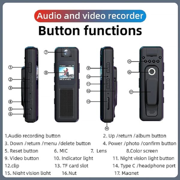 Mini Body Camera with Audio & Video Recording -1080p 64GB Camcorders -180° Rotatable Lens, with Night Vision, Loop Recording Worn Cams - for Personal Travel, Walking, Law Enforcement Outdoor
