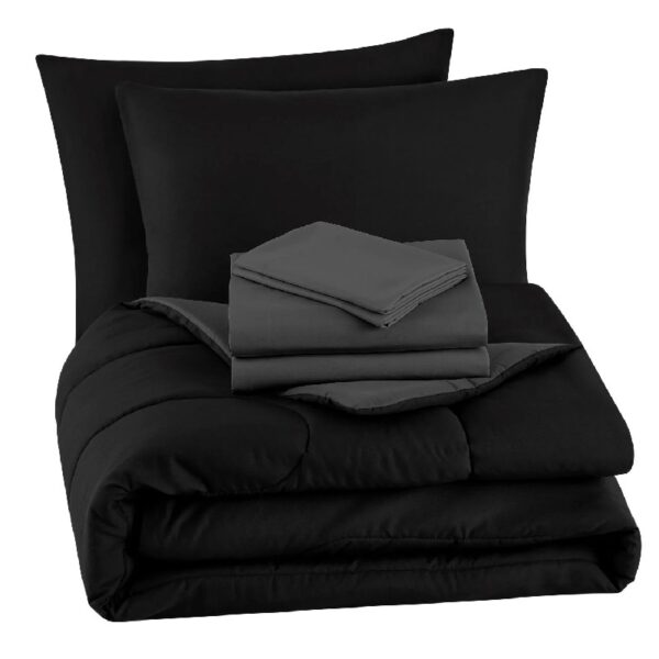 7 Piece Reversible Bed in a Bag Comforter Set with Sheets, Black, Queen