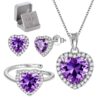 Women Heart Jewelry Set Necklace Earrings Ring 925 Sterling Silver February Birthstone Amethyst Wife Mother Birthday Valentine's Day Gift