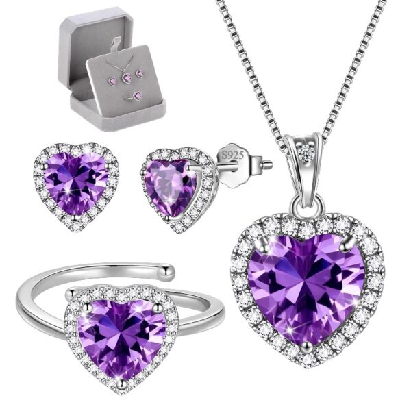 Women Heart Jewelry Set Necklace Earrings Ring 925 Sterling Silver February Birthstone Amethyst Wife Mother Birthday Valentine's Day Gift
