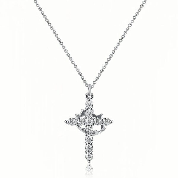 925 Sterling Silver Crown Cross Necklace for Women Teens, Dainty Cubic Zirconia Pendant Simple Faith Cross Jewelry Necklace