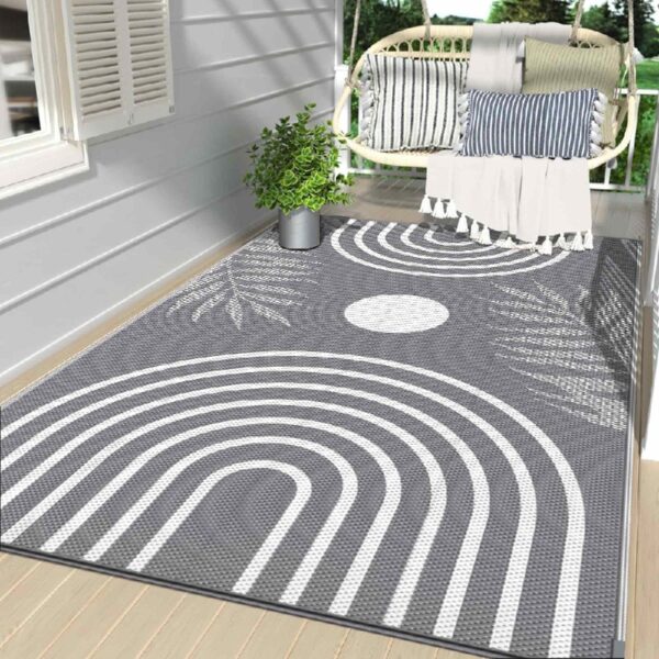 Outdoor Rugs Waterproof Plastic Straw Mat 6'x9' Reversible Patio Deck Beach Blue & White