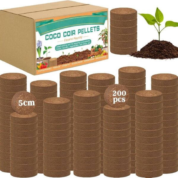 200Pcs 50mm Coco Coir Potting Soil, 100% Organic Coconut Fiber, Suitable for Plant Gardening Herbs