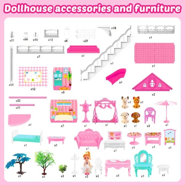 DollHouse with Colorful Light, Pretend Play Toddler Doll House Furniture Sets with 3 Dolls, 9 Rooms DIY , Creative Gift for Girls