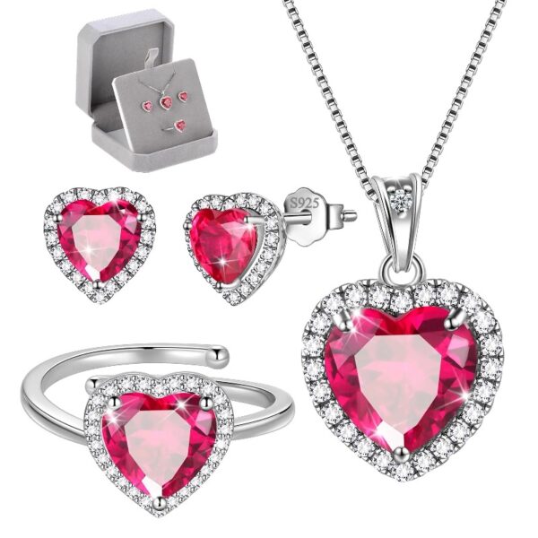 Women Heart Jewelry Set Necklace Earrings Ring 925 Sterling Silver February Birthstone Amethyst Wife Mother Birthday Valentine's Day Gift
