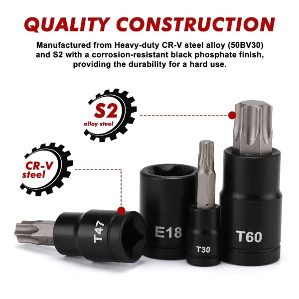 32-Piece Torx Bit Socket and Female External Socket Set, 14 Star Bits (T8- T70) and 13 Female E-Torx Sockets (E4-E24), Include 5 Impact Socket Adapter