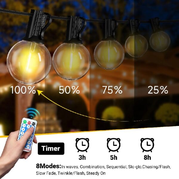 DAYBETTER G40 Outdoor String Lights, Remote Control, 50ft Waterproof Hanging Lights with 8 Lighting Modes, 25 LED Bulbs, for Outside
