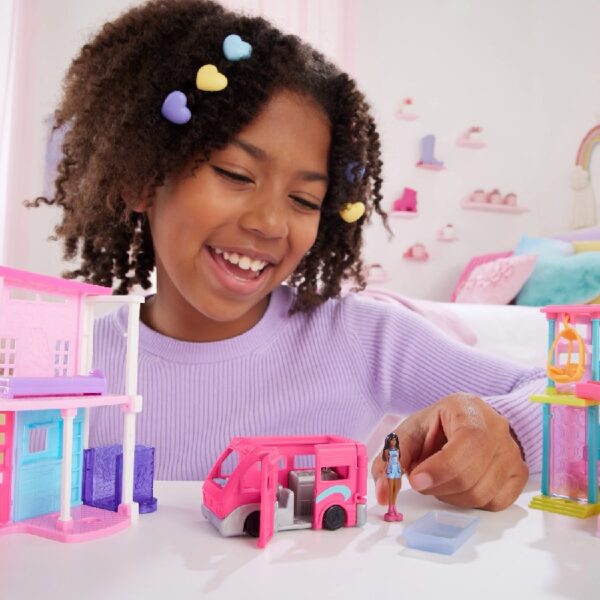 Mini Land DreamHouse & 3-Vehicle Playset with 4 1.5-inch Dolls, Furniture & Accessories