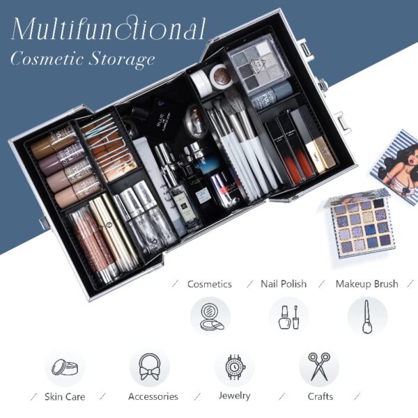 4 Trays Makeup Train Case Cosmetic Storage with Dividers Lockable Jewelry Makeup Box Organizer Pink