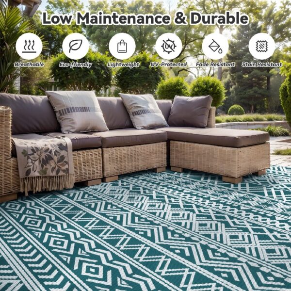 Outdoor Rug 6'x9' Waterproof Reversible Patio Rug Boho Geometric Indoor Outdoor Rugs Lightweight Plastic Straw Ourdoor Carpet for RV Camping Deck Balcony Modern Porch Decor Black and White