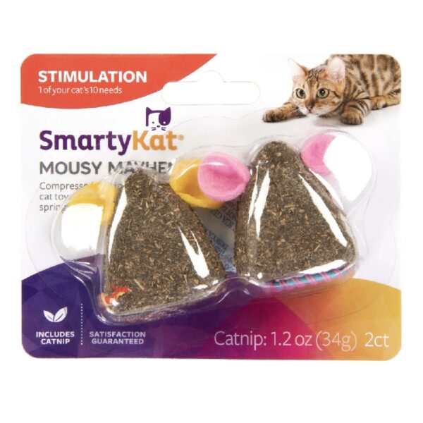 (3 pack) SmartyKat Mousy Mayhem 2-Piece Compressed Catnip Mice Cat Toys, Pink & Orange