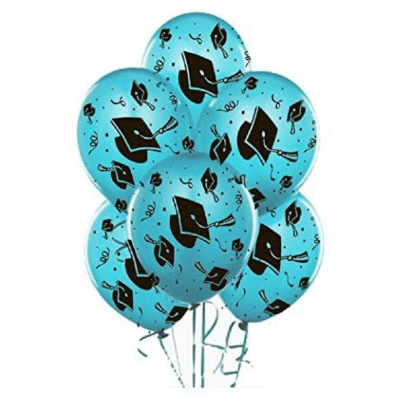 PMU Graduation Balloons 11 Inch PartyTex Premium Emerald Green with All-Over Print White Grad Caps-Confetti and Streamers Pkg/100