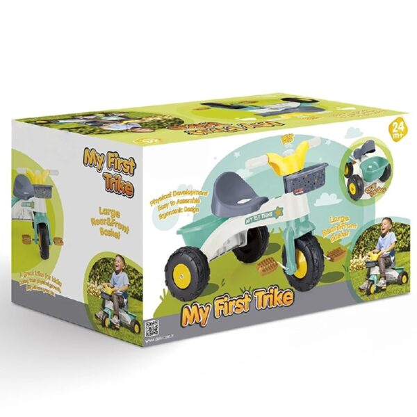 My First Trike: White, Green, Yellow - Pedal Operated 3 Wheeled Bike, 2 Baskets, Indoor & Outdoor Tricycle, Ride-On Toy, Kids Toddlers Ages 2+