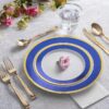Blue and Gold Rim Plastic Dinnerware (200-Piece) Plastic Plates, Cutlery, Cups and Napkins - Service for 25 Guests Place Setting for Wedding, Party, Shower, Birthday, Holiday