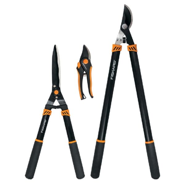 Lopper and Pruner Garden Tool 3-Piece Set with Stainless Steel Blades, Black and Orange