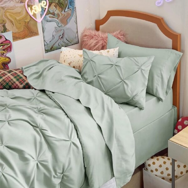 Dorm Bedding Twin Comforter Set - 5 Pieces Pintuck Bed in A Bag with Comforters, Sheets, Pillowcases & Shams