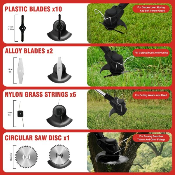 24V Black Electric Weed Eater Lawn Edger Cordless Grass String Trimmer Cutter + 2 Batteries & 3 Types Blades