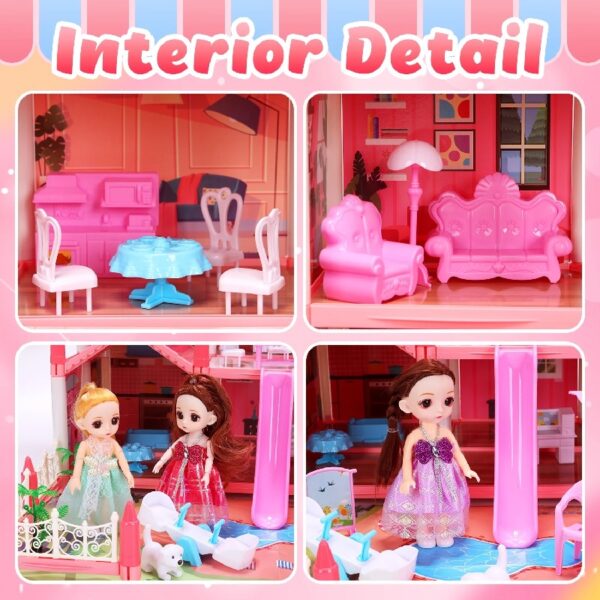 Play Dollhouse with Doll Toy Figures, 14 Rooms Furniture and Colorful Lights, Creative Doll House Gift for Girls Ages 3+, Assemble Required, Pink