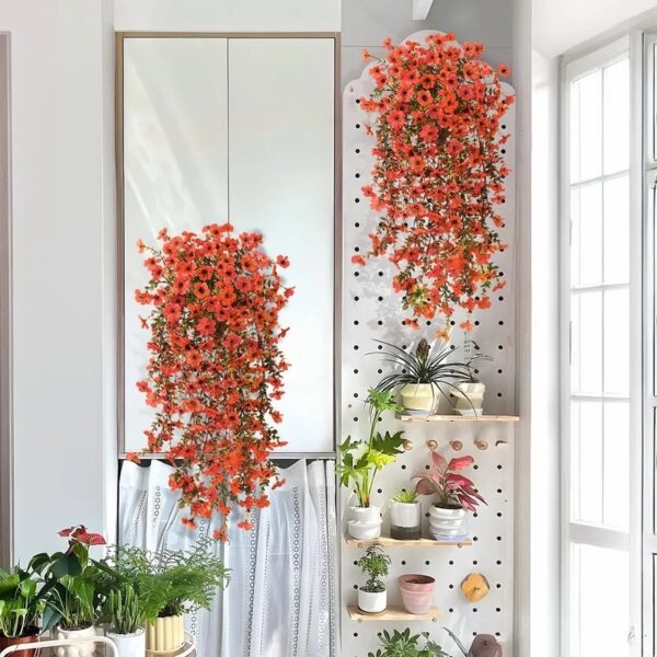 4PCS Artificial Flowers outdoor Spring Summer Decor Fake Hanging Plants UV Resistant Faux Plastic Greenery Hanging Flowers for Outside Gardens Porch Wall Home Indoor,ORANGE&YELLOW