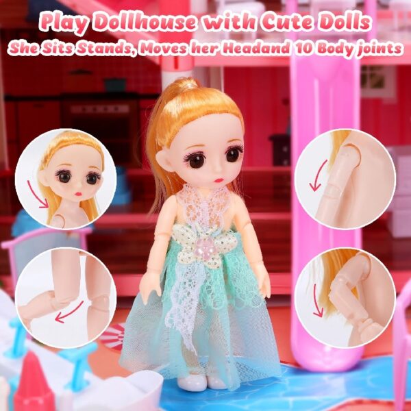 Play Dollhouse with Doll Toy Figures, 14 Rooms Furniture and Colorful Lights, Creative Doll House Gift for Girls Ages 3+, Assemble Required, Pink