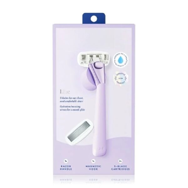 (2 Pack) 5-Blade Women's Razor Kit - 1 Handle, 2 Blade Refills, Magnetic Hook - Lilac