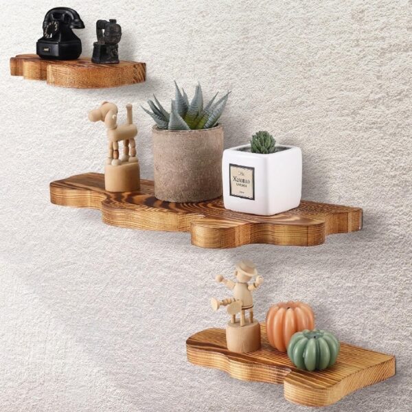 Set of 3 Live Edge Wooden Floating Shelves, Farmhouse Vintage Wall Shelf Display Decor for Living Room, Bathroom, Bedroom, Brown