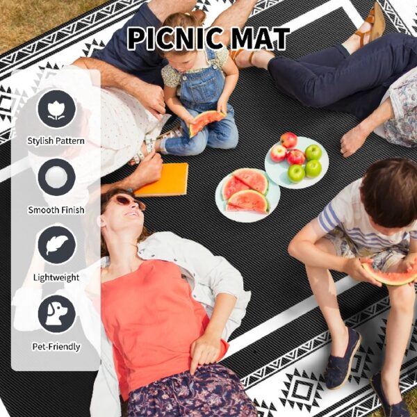 5x8 Feet Waterproof Outdoor Rug - Reversible Black & White Plastic Patio Mat, Non-Slip Durable Moroccan Geometric Design for Camping, RV, Balcony, Porch, Picnic