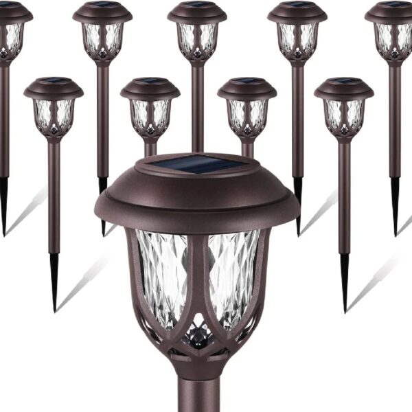 10 Pack Solar Lights Outdoor Decorative, Solar Pathway Lights Outdoor, Solar Powered Garden Yard Lights for Walkway Sidewalk Driveway. (Brown, Cool White)