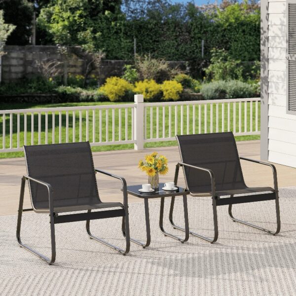 3 Pieces Patio Chairs Set with Glass-Top Coffee Table, Outdoor Bistro and Patio Furniture Set for Porch|Backyard|Balcony, Black