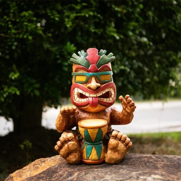 Solar Drumming Tiki Garden Statue: Tribal Tiki Ornament with Solar Powered Flickering Eyes LED Light - Outdoor Tiki Decoration Perfect for Bar Patio Backyard Balcony Yard Lawn Decor