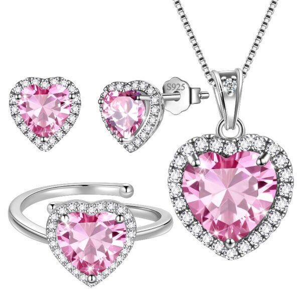 Women Heart Jewelry Set Necklace Earrings Ring 925 Sterling Silver February Birthstone Amethyst Wife Mother Birthday Valentine's Day Gift