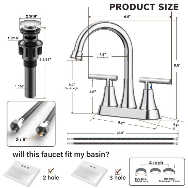 Bathroom Faucets 4 Inch Matte Black Bathroom Sink Faucet, Stainless Steel Lead-Free 2-Handle Centerset Faucet with Pop-up Drain and 2 Supply Hoses Fits 2 or 3-hole Sink