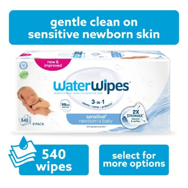 Sensitive+ Newborn & Baby Wipes, 3-In-1 Cleans, Cares, Protects, 99.9% Water, Unscented & Hypoallergenic, 9 Packs (540 Wipes)