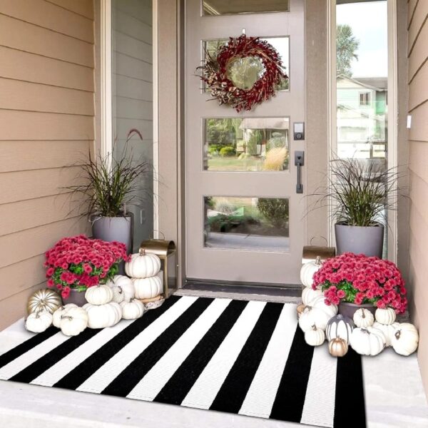 Outdoor Rugs 3 x 5ft Washable Black and White Cotton Entrance Mat Patio Front Porch Decor Area Rug