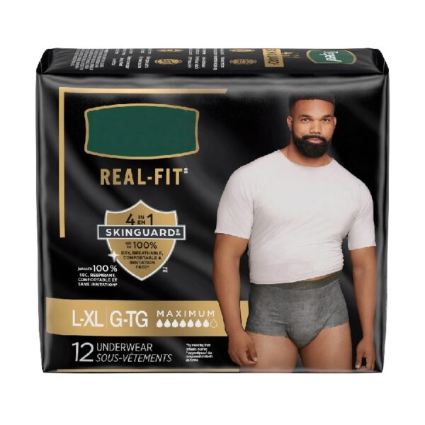 (2 pack) Real Fit Incontinence Underwear for Men, Adult Diapers, L/XL, Grey, 12 Count
