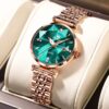 Women Watch Fashion Rose Gold Diamond Analog Quartz Female Watch for Women Luxury Dress Ladies Stainless Steel Luminous Waterproof Date Wrist Watches Green Dial
