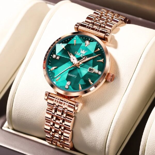 Women Watch Fashion Rose Gold Diamond Analog Quartz Female Watch for Women Luxury Dress Ladies Stainless Steel Luminous Waterproof Date Wrist Watches Green Dial