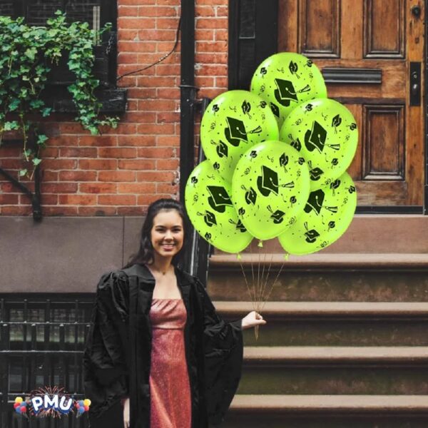 PMU Graduation Balloons 11 Inch PartyTex Premium Emerald Green with All-Over Print White Grad Caps-Confetti and Streamers Pkg/100