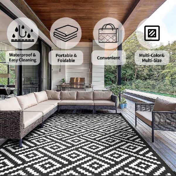 6'x9' Outdoor Rugs Patio Waterproof Outside Mat Reversible Plastic Camping Carpet,Black & Grey