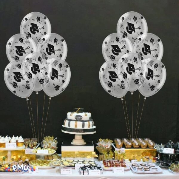 PMU Graduation Balloons 11 Inch PartyTex Premium Emerald Green with All-Over Print White Grad Caps-Confetti and Streamers Pkg/100