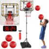 2-in-1 Kid Basketball Hoop with LED Lights & Scoreboard & 3 Balls, Toddler Basketball Hoop Adjustable Height 5.1ft-6.2ft, Basketball Toy Gifts for Boys & Girls