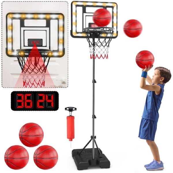 2-in-1 Kid Basketball Hoop with LED Lights & Scoreboard & 3 Balls, Toddler Basketball Hoop Adjustable Height 5.1ft-6.2ft, Basketball Toy Gifts for Boys & Girls