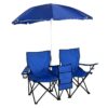 Double Camping Chair, Folding Camp Chair with Removable Umbrella, Cup Holders, Cooler Bag, Side Pocket & Carry Bag, 2-Person Beach Chair for Outdoor, Sports, Concerts, Travel, Picnic (Blue)