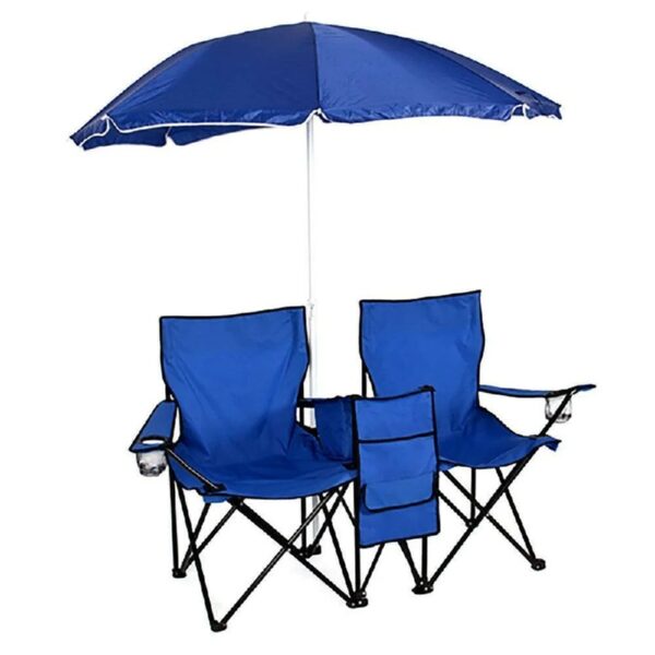 Double Camping Chair, Folding Camp Chair with Removable Umbrella, Cup Holders, Cooler Bag, Side Pocket & Carry Bag, 2-Person Beach Chair for Outdoor, Sports, Concerts, Travel, Picnic (Blue)