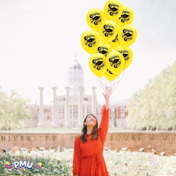 PMU Graduation Balloons 11 Inch PartyTex Premium Emerald Green with All-Over Print White Grad Caps-Confetti and Streamers Pkg/100