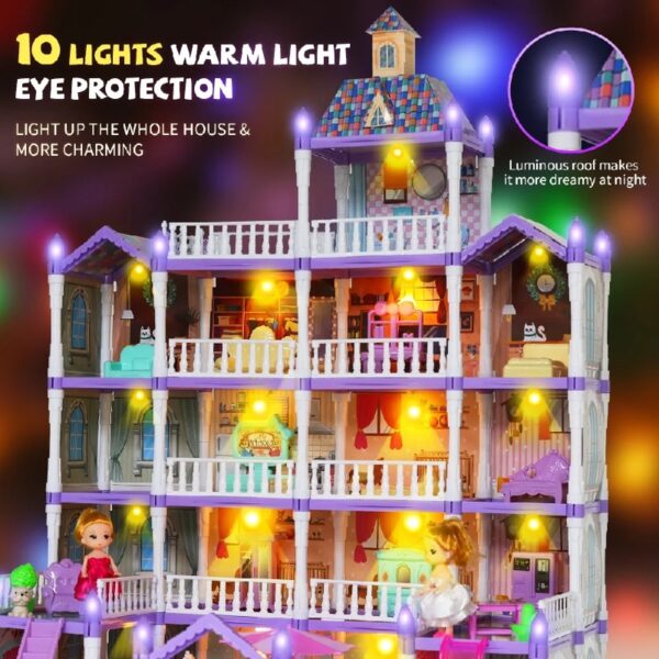 Doll House for Girls, 5-Story 19 Rooms Huge Dollhouse Playset with LED Lights, 2 Dolls, Furnitures, Accessories, DIY Pretend Play House Toys Gifts for Kids, Pink
